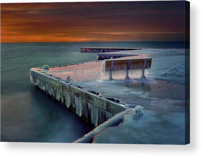 #wisconsin #outdoor #fineart #landscape #photograph #wisconsinbeauty #doorcounty #doorcountybeauty #sony #canonfdglass #beautyofnature #history #metalman #passionformonotone #homeandofficedecor #streamingmedia #greenbay #sunset #bench #water #ice #pier #blue #orange #figid #winter #explorewisconsin #hikewisconsin #off Season #hdr #goldenhour #bluehour #explorewinter Acrylic Print featuring the photograph Blue Bench by David Heilman