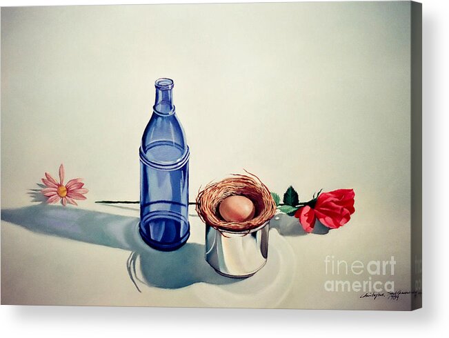 Bird Nest Acrylic Print featuring the painting Blue bottle flowers and bird nest by Christopher Shellhammer