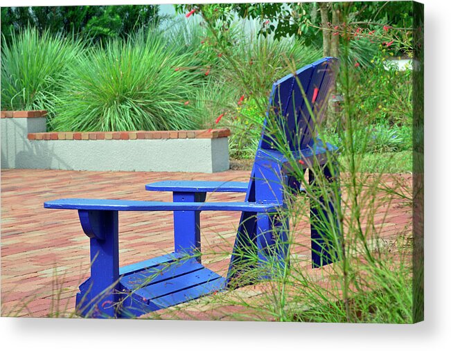 Purple Shield Acrylic Print featuring the photograph Blue Chair in Albin Polasek Museum Gardens by Bruce Gourley
