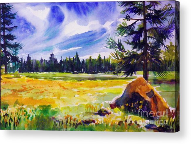 Pines Acrylic Print featuring the painting Blue Skies Pines and Meadows by Tf Bailey