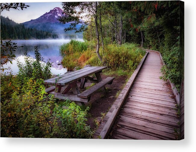 Fall Acrylic Print featuring the photograph Boardwalk at Trillium Lake by Cat Connor