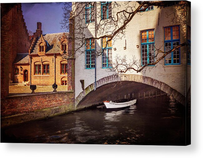 Bruges Acrylic Print featuring the photograph Boat Under A Little Bridge in Bruges by Carol Japp