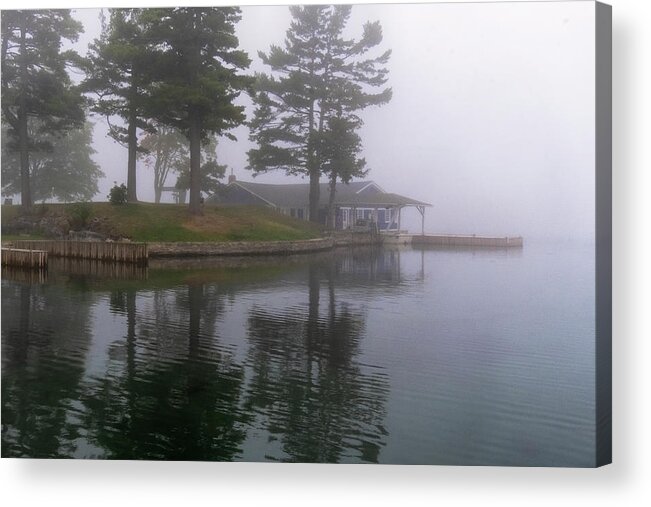 St Lawrence Seaway Acrylic Print featuring the photograph Boathouse In Fog by Tom Singleton