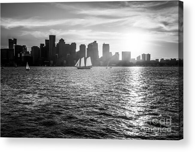 Bay Acrylic Print featuring the photograph Boston Skyline Sunset Black and White Photo by Paul Velgos