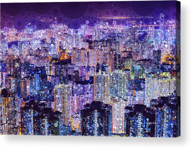 Hong Kong Acrylic Print featuring the mixed media Bright Lights, Big City by Susan Maxwell Schmidt