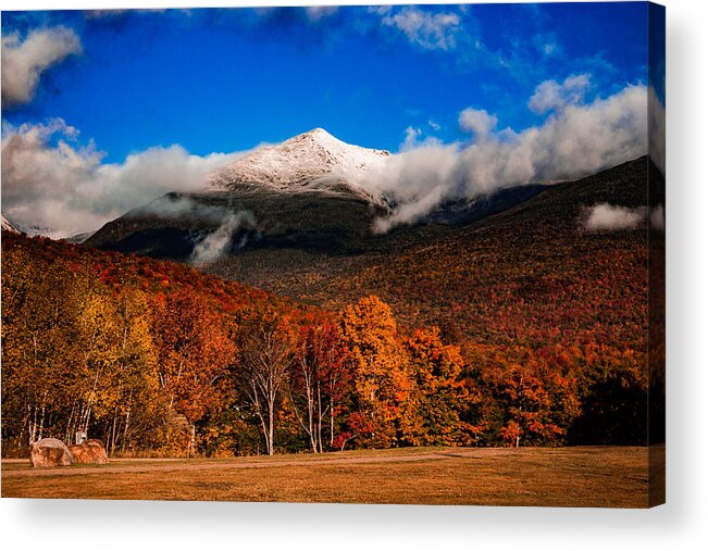 New England Fall Colors Acrylic Print featuring the photograph Bright morning fall foliage at the foot of Mount Washington by Jeff Folger
