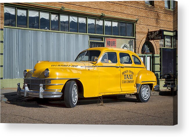 Arizona Acrylic Print featuring the photograph Broken Spoke Chrysler Taxi in Lowell Arizona by Mary Lee Dereske