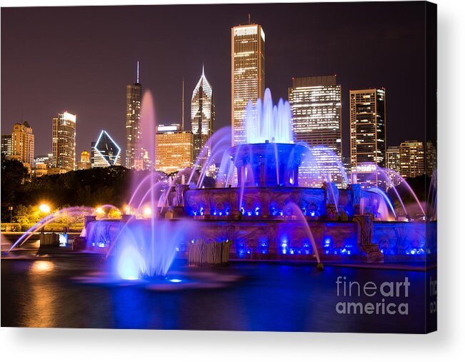 America Acrylic Print featuring the photograph Buckingham Fountain at Night with Chicago Skyline by Paul Velgos