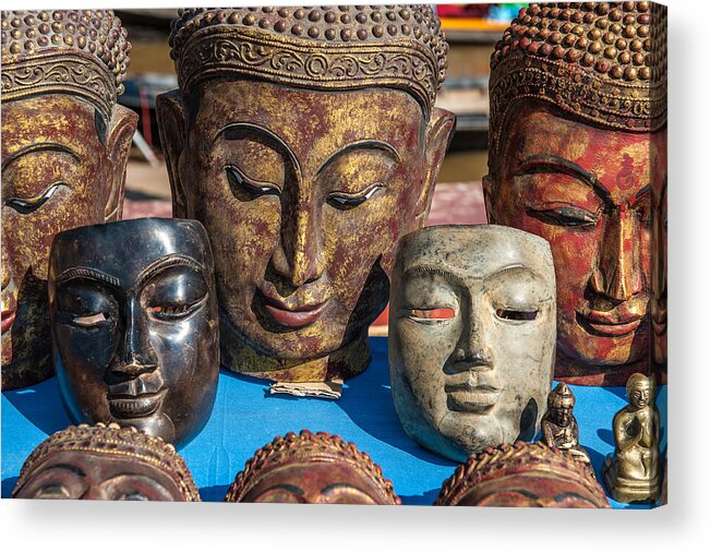 Burma Acrylic Print featuring the photograph Buddha Masks Hadicrafts by Judith Barath