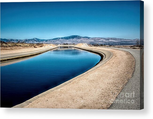 Against The Back Drop Of The Tehachapi Mountains And Wind Turbines. Acrylic Print featuring the photograph California Aqueduct at Fairmont by Joe Lach