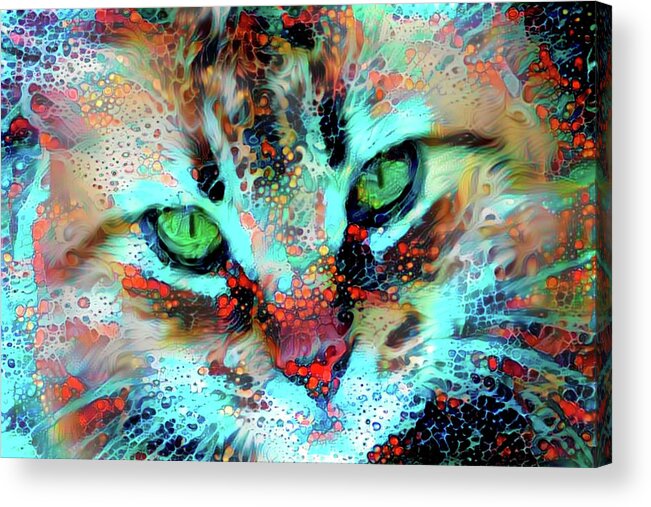 Abstract Cat Acrylic Print featuring the digital art Candy the Colorful Green Eyed Cat by Peggy Collins
