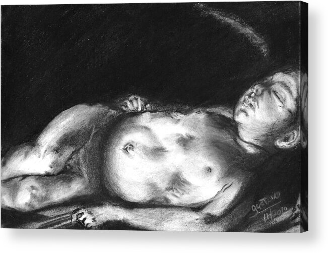Caravaggio Acrylic Print featuring the drawing Caravaggio's Sleeping Cupid by Gustavo Ramirez
