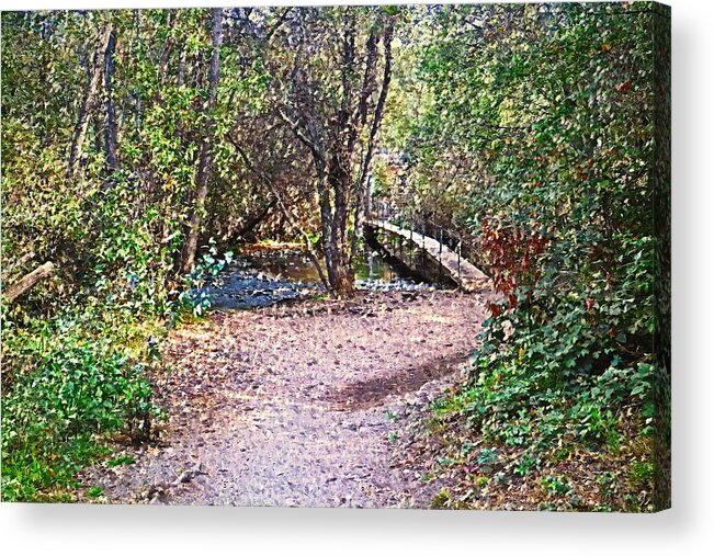 Oil-painting Acrylic Print featuring the photograph Carmel River Footbridge At Garland Ranch Oil by Joyce Dickens