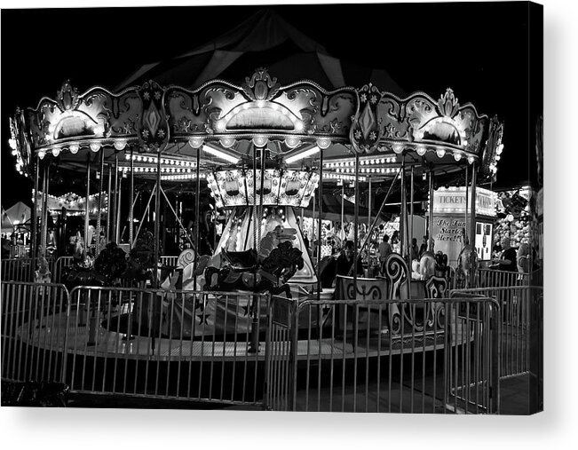 Fair Acrylic Print featuring the photograph Carousel at Night BW 2017 2 by Mary Bedy