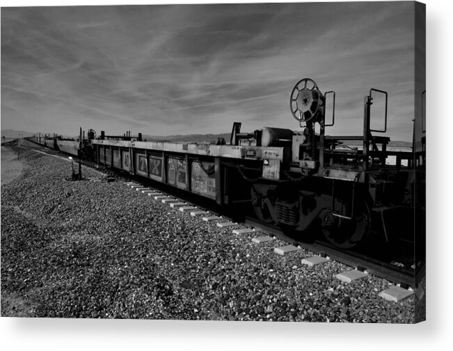 Train Cars California Union Pacific Salton Sea Acrylic Print featuring the photograph Cars waiting to go by William Kimble