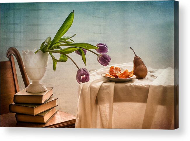 Morning Acrylic Print featuring the photograph Casual Morning with Tulips, Orange and Pear by Maggie Terlecki