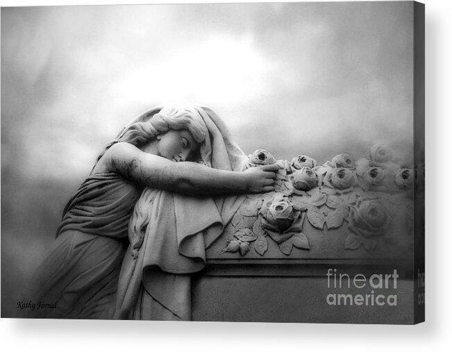 Grave Acrylic Print featuring the photograph Cemetery Grave Mourner Black White Surreal Coffin Grave Art - Angel Mourner Across Rose Coffin by Kathy Fornal