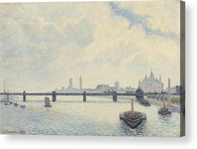 Camille Pissarro Acrylic Print featuring the painting Charing Cross Bridge - London by Camille Pissarro