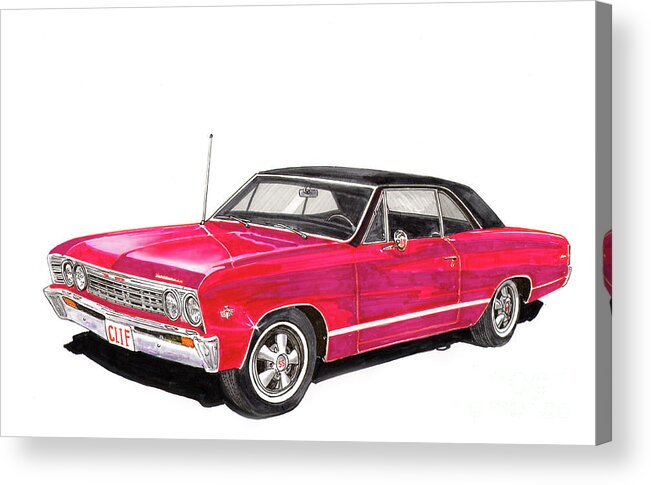 A Watercolor Portrait Done From A Photograph Of A 1967 Chevelle Ss 327 Acrylic Print featuring the painting Chevelle S S 327 by Jack Pumphrey