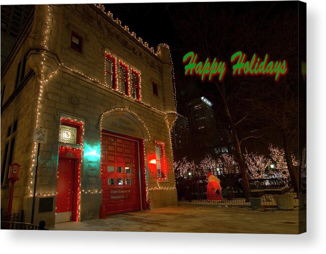 Chicago Acrylic Print featuring the photograph Chicago Firehouse with xmas lights xmas card by Sven Brogren