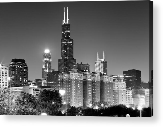 At&t Acrylic Print featuring the photograph Chicago Night Skyline in Black and White by Paul Velgos