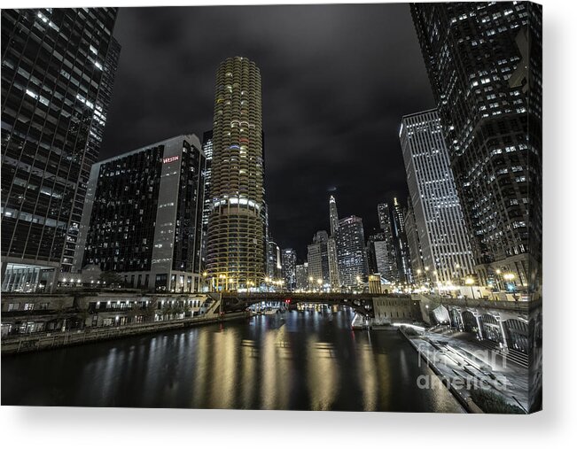 Chicago Acrylic Print featuring the photograph Chicago Riverfront Skyline at Night by Keith Kapple