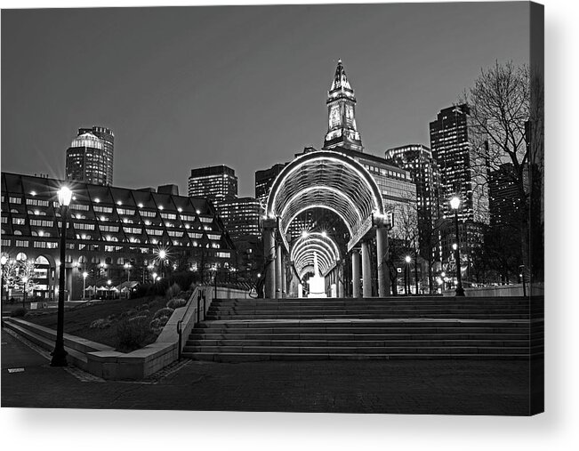 Christopher Acrylic Print featuring the photograph Christopher Columbus Park Boston MA Trellis Custom House Black and White by Toby McGuire