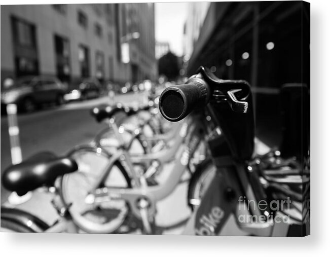 Flatiron Building Acrylic Print featuring the photograph Citibike Handle Manhattan Black and White by Alissa Beth Photography