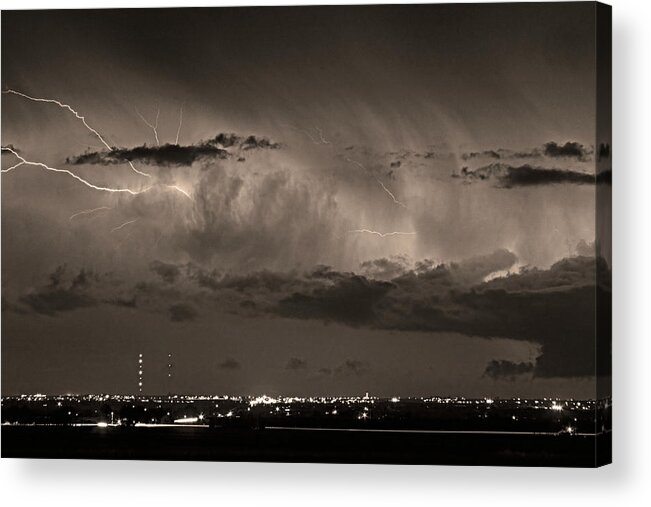 Bouldercounty Acrylic Print featuring the photograph Cloud to Cloud Lightning Boulder County Colorado BW Sepia by James BO Insogna