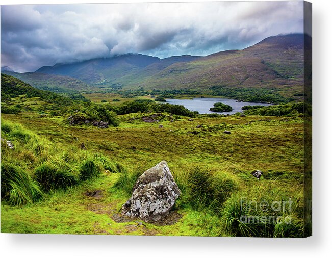 Ireland Acrylic Print featuring the photograph Cloudy Hills and Lake in Ireland by Andreas Berthold