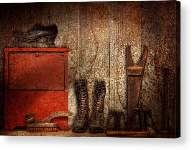 Cobbler Acrylic Print featuring the photograph Cobbler - The shoe shiner 1900 by Mike Savad