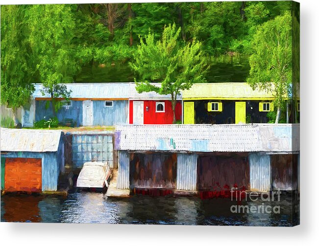 Row Acrylic Print featuring the photograph Colorful Boathouses - painterly by Les Palenik