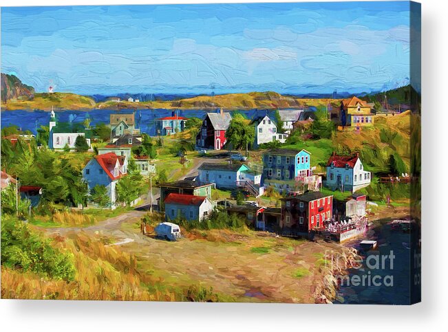 Trinity Acrylic Print featuring the digital art Colorful Homes in Trinity, Newfoundland - painterly by Les Palenik