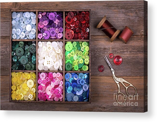 Box Acrylic Print featuring the photograph Colourful buttons with needle, thread and scissors by Jane Rix