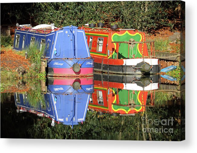 Colourful Canal Boats Barge Wey Canal Surrey Reflections Acrylic Print featuring the photograph Colourful Canal Boats by Julia Gavin