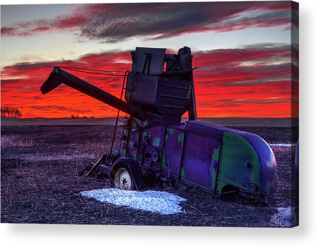 Combine Harvester Antique Abandoned Vintage John Deere Sunrise Landscape Red Green Snow Winter Acrylic Print featuring the photograph Combine Towards the Light by Peter Herman