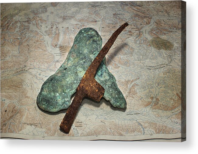 Copper Nugget Acrylic Print featuring the photograph Copper Nugget Rock Hammer and Map by Fred Denner