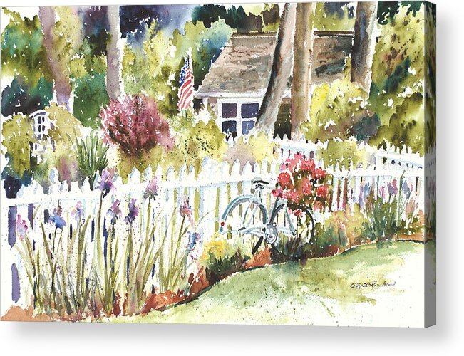 Vintage Bicycle Against Cottage And Picket Fence. Iris Acrylic Print featuring the painting Corey Bike by Sandra Strohschein