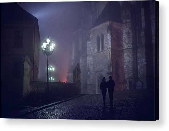 Jenny Rainbow Fine Art Photography Acrylic Print featuring the photograph Couple in Misty Night. Gothic Age by Jenny Rainbow