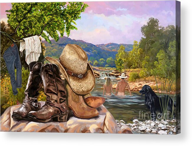 Cowboy Acrylic Print featuring the painting Cowboy and Girl Skinnydipping by Tim Gilliland