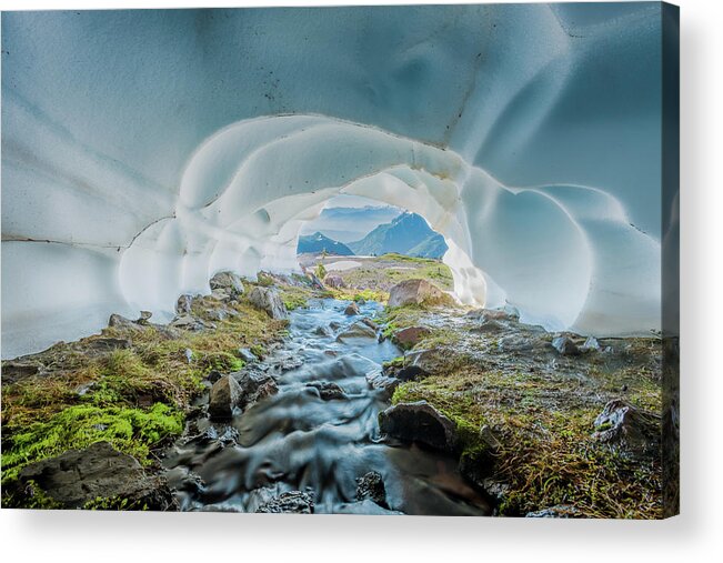 Adventure Acrylic Print featuring the photograph Creek Flows Through Snow Cave by Kelly VanDellen