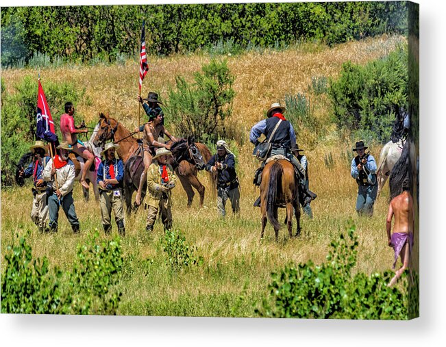 Little Bighorn Re-enactment Acrylic Print featuring the photograph Custer And His Troops Fighting The Indians 1 by Donald Pash