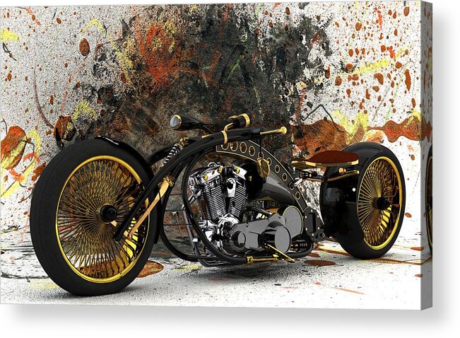 Custom Chopper # Motorcycle # Custom Bike # Bike # Motorcycle Art # Chopper # Bobber # Old School Chopper # Acrylic Print featuring the digital art Custom Chopper Gold by Louis Ferreira