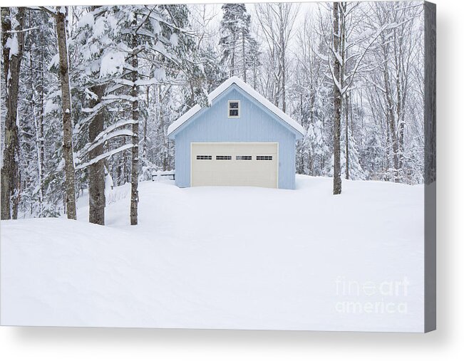 Blue Acrylic Print featuring the photograph Cute Blue and Ivory Garage in the Snow by Edward Fielding
