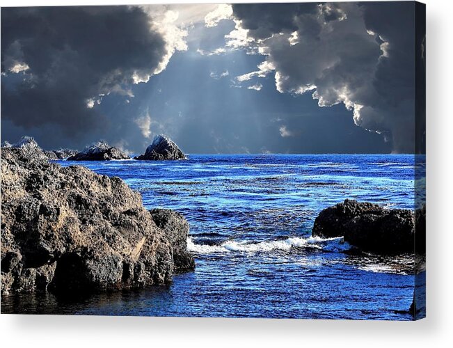 Pacific Ocean Acrylic Print featuring the mixed media Dark Clouds and Blue Waters by M Three Photos