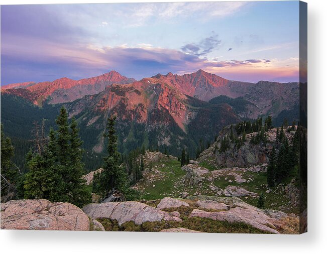 Gore Range Acrylic Print featuring the pyrography Deming Mountain and West Deming Sunset by Aaron Spong