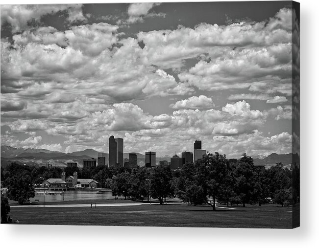 Black And White Acrylic Print featuring the photograph Denver Skyline with mountains by FineArtRoyal Joshua Mimbs