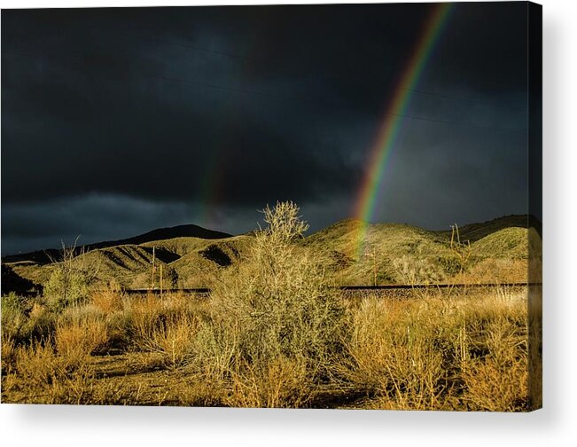 Double Acrylic Print featuring the photograph Desert double rainbow by Gaelyn Olmsted