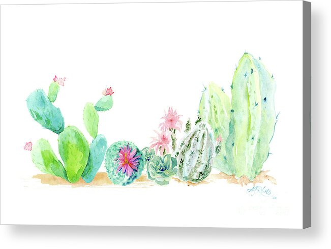 Blooms Acrylic Print featuring the painting Desert in Bloom 2, Watercolor Desert Cacti n Succulents by Audrey Jeanne Roberts