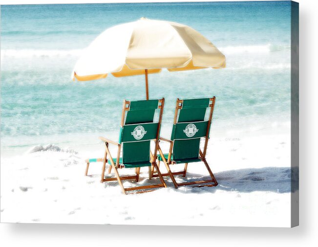 Destin Acrylic Print featuring the photograph Destin Florida Beach Chairs Umbrella and Blue Waters Diffuse Glow Digital Art by Shawn O'Brien